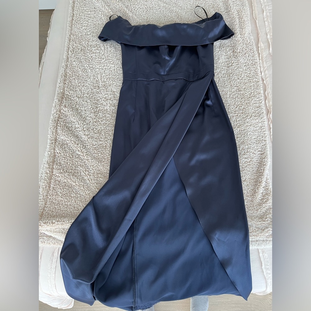 Navy blue satin ball gown
